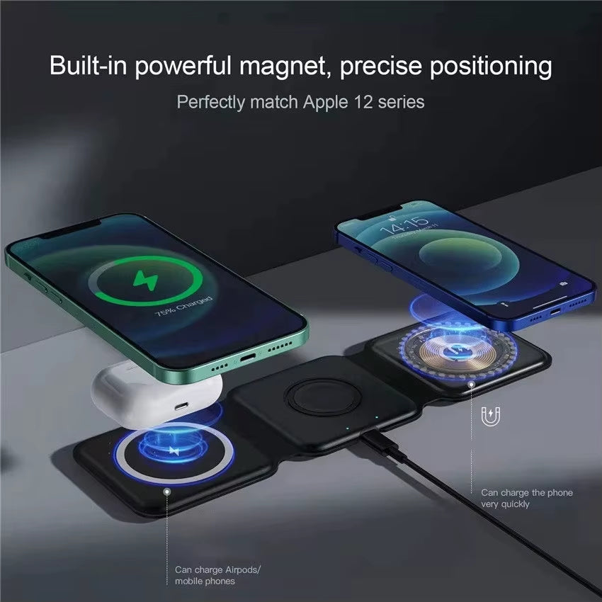 100W 3 in 1 Magnetic Wireless Charger Pad Stand for Iphone 14 13 12 Pro Max Airpods Iwatch Fast Wireless Charging Dock Station